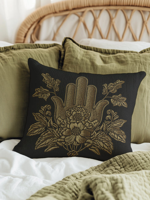 A black woven throw pillow featuring an embroidered gold Hamsa hand surrounded by intricate floral and botanical designs.