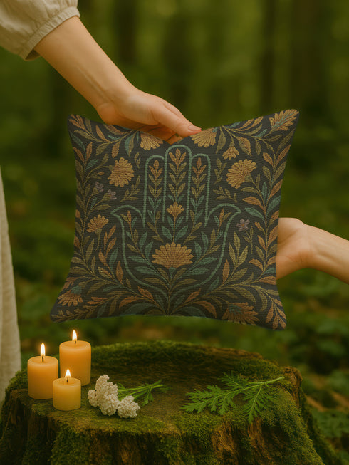 A 17x18 inch rectangular woven tapestry pillow featuring a golden Hamsa hand motif surrounded by embroidered botanical designs in teal, gold, and green on a dark green background. The double-sided pillow is filled with plush poly fill and sewn shut for a seamless finish. Crafted from a blend of 58% cotton and 42% polyester yarns, this decorative cushion is ideal for spiritual homes, altar decor, or whimsical, folklore-inspired living spaces.