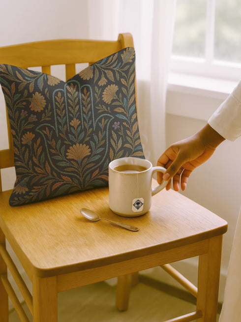 A 17x18 inch rectangular woven tapestry pillow featuring a golden Hamsa hand motif surrounded by embroidered botanical designs in teal, gold, and green on a dark green background. The double-sided pillow is filled with plush poly fill and sewn shut for a seamless finish. Crafted from a blend of 58% cotton and 42% polyester yarns, this decorative cushion is ideal for spiritual homes, altar decor, or whimsical, folklore-inspired living spaces.