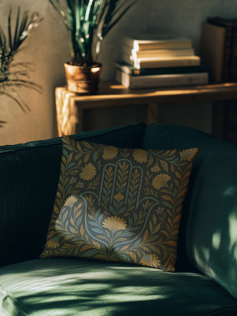 A 17x18 inch rectangular woven tapestry pillow featuring a golden Hamsa hand motif surrounded by embroidered botanical designs in teal, gold, and green on a dark green background. The double-sided pillow is filled with plush poly fill and sewn shut for a seamless finish. Crafted from a blend of 58% cotton and 42% polyester yarns, this decorative cushion is ideal for spiritual homes, altar decor, or whimsical, folklore-inspired living spaces.