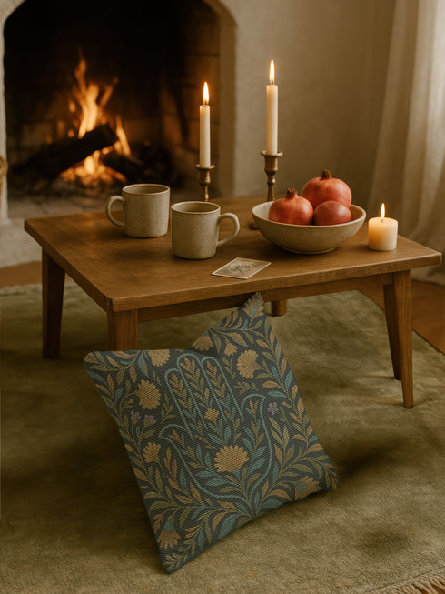 A 17x18 inch rectangular woven tapestry pillow featuring a golden Hamsa hand motif surrounded by embroidered botanical designs in teal, gold, and green on a dark green background. The double-sided pillow is filled with plush poly fill and sewn shut for a seamless finish. Crafted from a blend of 58% cotton and 42% polyester yarns, this decorative cushion is ideal for spiritual homes, altar decor, or whimsical, folklore-inspired living spaces.