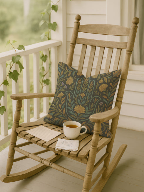 A 17x18 inch rectangular woven tapestry pillow featuring a golden Hamsa hand motif surrounded by embroidered botanical designs in teal, gold, and green on a dark green background. The double-sided pillow is filled with plush poly fill and sewn shut for a seamless finish. Crafted from a blend of 58% cotton and 42% polyester yarns, this decorative cushion is ideal for spiritual homes, altar decor, or whimsical, folklore-inspired living spaces.