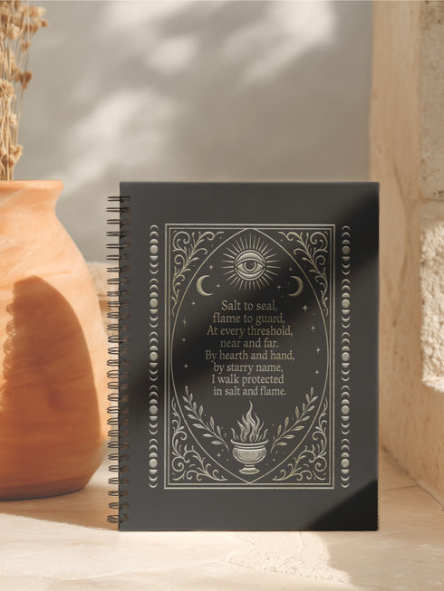 A black spiral-bound hardcover grimoire titled "Spells of Salt & Flame." The cover features an intricate, metallic-effect printed design in silver and gold with an All-Seeing Eye in an archway, flanked by a spoon and an athame. Botanical elements like garlic and herbs grow from a central chalice. The side borders are lined with celestial moon phase symbols. The journal is open, showing blank recipe template pages with fields for ingredients and instructions. The book measures 8.5 x 11 inches.