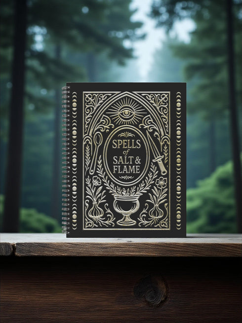 A black spiral-bound hardcover grimoire titled "Spells of Salt & Flame." The cover features an intricate, metallic-effect printed design in silver and gold with an All-Seeing Eye in an archway, flanked by a spoon and an athame. Botanical elements like garlic and herbs grow from a central chalice. The side borders are lined with celestial moon phase symbols. The journal is open, showing blank recipe template pages with fields for ingredients and instructions. The book measures 8.5 x 11 inches.