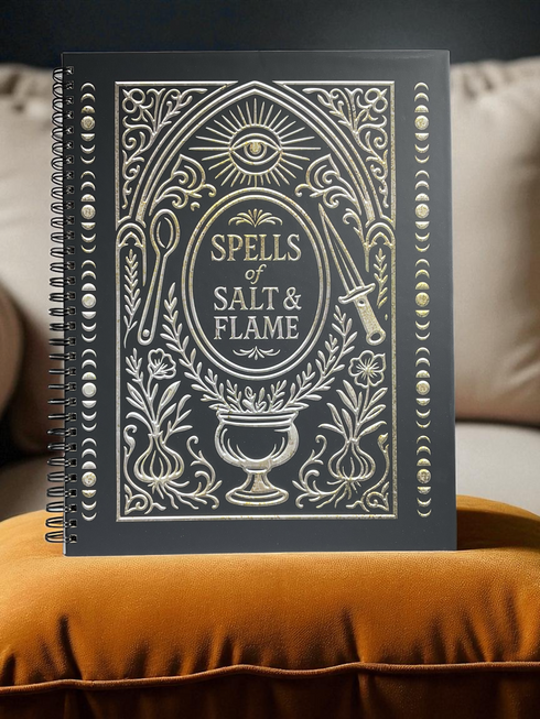 A black spiral-bound hardcover grimoire titled "Spells of Salt & Flame." The cover features an intricate, metallic-effect printed design in silver and gold with an All-Seeing Eye in an archway, flanked by a spoon and an athame. Botanical elements like garlic and herbs grow from a central chalice. The side borders are lined with celestial moon phase symbols. The journal is open, showing blank recipe template pages with fields for ingredients and instructions. The book measures 8.5 x 11 inches.