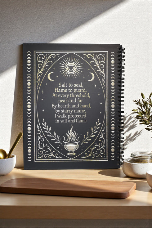 A black spiral-bound hardcover grimoire titled "Spells of Salt & Flame." The cover features an intricate, metallic-effect printed design in silver and gold with an All-Seeing Eye in an archway, flanked by a spoon and an athame. Botanical elements like garlic and herbs grow from a central chalice. The side borders are lined with celestial moon phase symbols. The journal is open, showing blank recipe template pages with fields for ingredients and instructions. The book measures 8.5 x 11 inches.