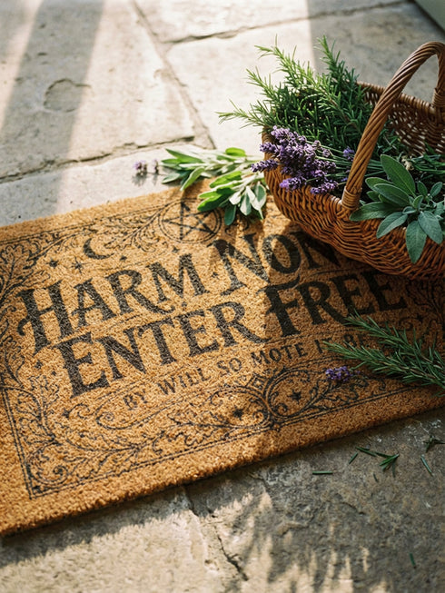 A rectangular natural coir doormat featuring the Wiccan Rede "An' It Harm None, Do What Ye Will" in a gothic dark academia style. The central typography is surrounded by symmetrical botanical flourishes and mystical symbols printed in high-contrast black ink. The 2D flat print mimics the look of a vintage grimoire page on the coarse, tan coconut fiber surface. The mat has a durable black vinyl backing and is pictured at a front door as a protective threshold guardian.