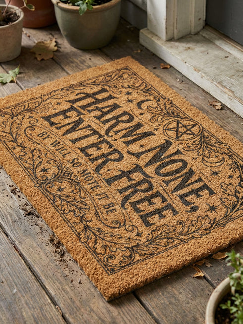 A rectangular natural coir doormat featuring the Wiccan Rede "An' It Harm None, Do What Ye Will" in a gothic dark academia style. The central typography is surrounded by symmetrical botanical flourishes and mystical symbols printed in high-contrast black ink. The 2D flat print mimics the look of a vintage grimoire page on the coarse, tan coconut fiber surface. The mat has a durable black vinyl backing and is pictured at a front door as a protective threshold guardian.