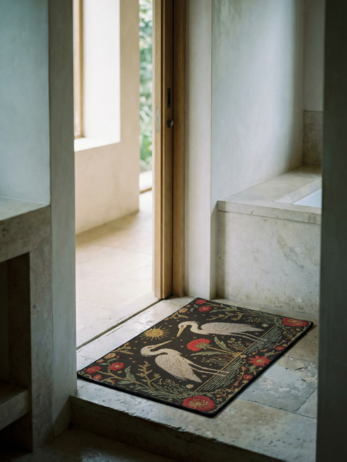 A Grimoire and Goblet rectangular doormat featuring a vintage tapestry design of two white herons facing a central red flower. Above the birds is a golden sun with a face in a celestial style. The background is a dark charcoal with a faux needlepoint texture. The scene is framed by a border of red carnations and green vines in an Arts and Crafts style. The design mimics antique embroidery but is a smooth printed surface with a black trim.