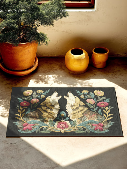 Dark charcoal doormat featuring two cream-colored wolves howling upward in symmetrical composition, surrounded by ornate botanical border of pink roses, golden sunflowers, teal leaves, and wheat stalks in folk art design on textured woven chenille surface. Perfect mystical entrance decor for witchy homes, pagan spirituality, gothic elegance.Dark charcoal doormat featuring two cream-colored wolves howling upward in symmetrical composition, surrounded by ornate botanical border of pink roses, golden sunflower