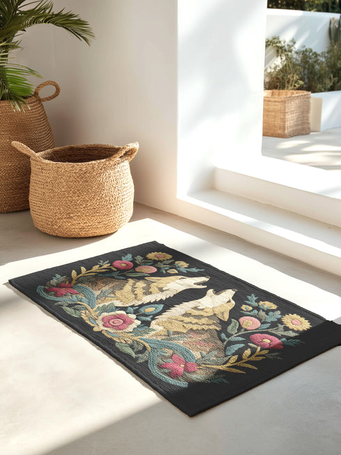 Dark charcoal doormat featuring two cream-colored wolves howling upward in symmetrical composition, surrounded by ornate botanical border of pink roses, golden sunflowers, teal leaves, and wheat stalks in folk art design on textured woven chenille surface. Perfect mystical entrance decor for witchy homes, pagan spirituality, gothic elegance.