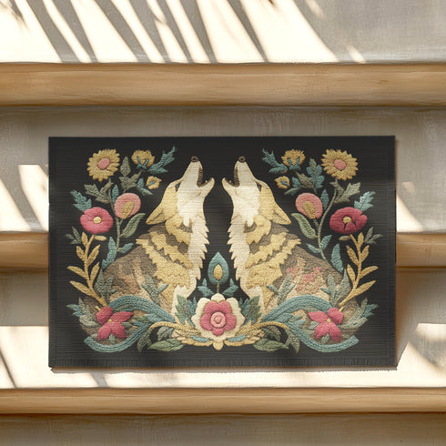 Dark charcoal doormat featuring two cream-colored wolves howling upward in symmetrical composition, surrounded by ornate botanical border of pink roses, golden sunflowers, teal leaves, and wheat stalks in folk art design on textured woven chenille surface. Perfect mystical entrance decor for witchy homes, pagan spirituality, gothic elegance.