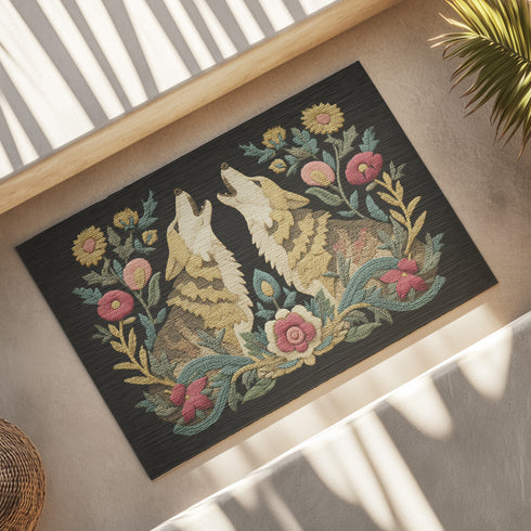 Dark charcoal doormat featuring two cream-colored wolves howling upward in symmetrical composition, surrounded by ornate botanical border of pink roses, golden sunflowers, teal leaves, and wheat stalks in folk art design on textured woven chenille surface. Perfect mystical entrance decor for witchy homes, pagan spirituality, gothic elegance.