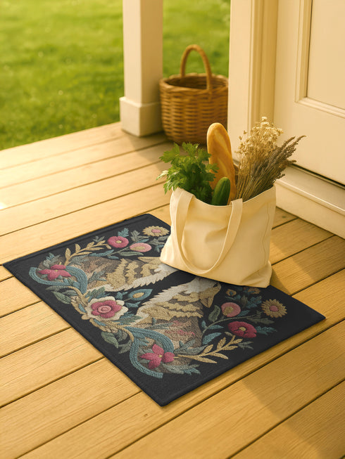 Dark charcoal doormat featuring two cream-colored wolves howling upward in symmetrical composition, surrounded by ornate botanical border of pink roses, golden sunflowers, teal leaves, and wheat stalks in folk art design on textured woven chenille surface. Perfect mystical entrance decor for witchy homes, pagan spirituality, gothic elegance.