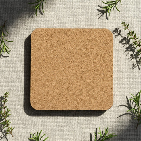 Square cork coaster on a textured surface with greenery