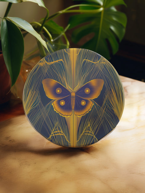 Round ceramic coaster featuring golden Luna moth illustration on dark green background with rose gold linear patterns. Cork-backed, 4-inch diameter. Perfect for vintage nature and gothic decor enthusiasts.