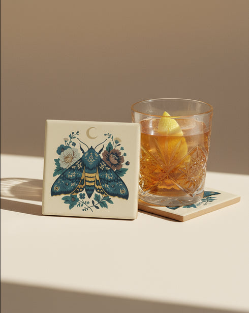Square ceramic coaster, 4x4 inches, with cork backing. Cream tile features a luna-style moth with crescent moon and botanical florals in teal, blue, and gold. Smooth printed surface; clean, flat illustration. Celestial moth coaster for witchy, cottagecore décor and gifting. Square ceramic drink coaster with cork base, luna moth and moon design.