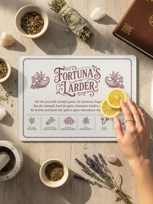 A rectangular tempered glass cutting board with a lightly textured, hygienic surface, rounded corners, and four rubber feet for stability. Printed in deep maroon line art, it features a Victorian-style border and twin cornucopias flanking the title “Fortuna’s Larder.” Below, a poetic spell invokes abundance, followed by six herb correspondences: Bay Leaf Victory, Cinnamon Quick Gain, Sesame Open Doors, Basil Prosperity, Clove Luck, and Orange Peel Success, for kitchen witches and magical cooks.