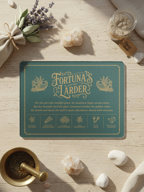 A rectangular tempered glass cutting board with a deep forest green background and elegant gold lettering. Styled like a vintage grimoire page, it features the ornate title “Fortuna’s Larder” flanked by twin cornucopias, a four-line abundance spell, and six golden herb symbols: bay leaf for victory, cinnamon for quick gain, sesame for open doors, basil for prosperity, clove for luck, and orange peel for success, all framed by a thin gold border—perfect for witches, pagans, and magical kitchens.