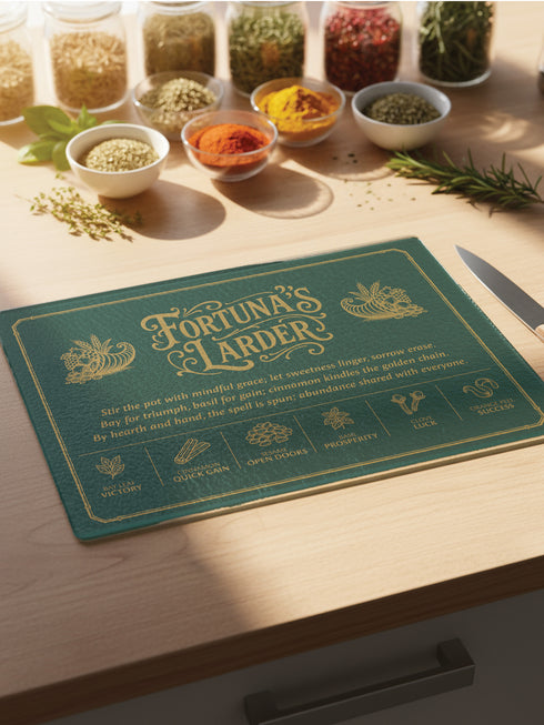 A rectangular tempered glass cutting board with a deep forest green background and elegant gold lettering. Styled like a vintage grimoire page, it features the ornate title “Fortuna’s Larder” flanked by twin cornucopias, a four-line abundance spell, and six golden herb symbols: bay leaf for victory, cinnamon for quick gain, sesame for open doors, basil for prosperity, clove for luck, and orange peel for success, all framed by a thin gold border—perfect for witches, pagans, and magical kitchens.