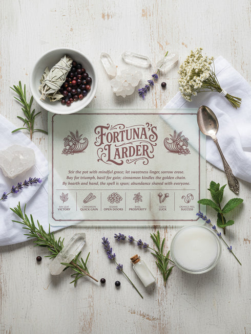 A rectangular tempered glass cutting board with a lightly textured, hygienic surface, rounded corners, and four rubber feet for stability. Printed in deep maroon line art, it features a Victorian-style border and twin cornucopias flanking the title “Fortuna’s Larder.” Below, a poetic spell invokes abundance, followed by six herb correspondences: Bay Leaf Victory, Cinnamon Quick Gain, Sesame Open Doors, Basil Prosperity, Clove Luck, and Orange Peel Success, for kitchen witches and magical cooks.