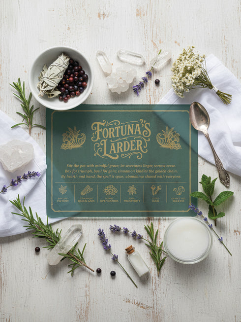 A rectangular tempered glass cutting board with a deep forest green background and elegant gold lettering. Styled like a vintage grimoire page, it features the ornate title “Fortuna’s Larder” flanked by twin cornucopias, a four-line abundance spell, and six golden herb symbols: bay leaf for victory, cinnamon for quick gain, sesame for open doors, basil for prosperity, clove for luck, and orange peel for success, all framed by a thin gold border—perfect for witches, pagans, and magical kitchens.