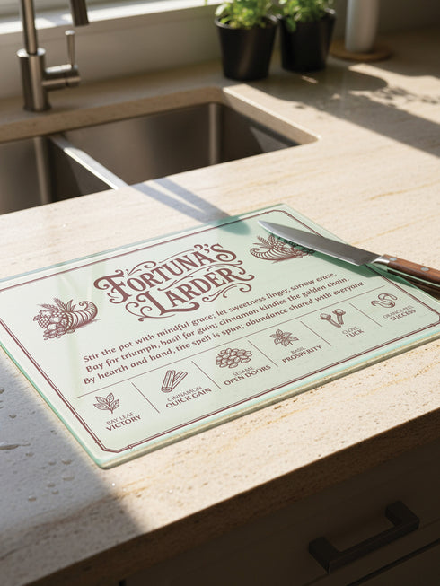 A rectangular tempered glass cutting board with a lightly textured, hygienic surface, rounded corners, and four rubber feet for stability. Printed in deep maroon line art, it features a Victorian-style border and twin cornucopias flanking the title “Fortuna’s Larder.” Below, a poetic spell invokes abundance, followed by six herb correspondences: Bay Leaf Victory, Cinnamon Quick Gain, Sesame Open Doors, Basil Prosperity, Clove Luck, and Orange Peel Success, for kitchen witches and magical cooks.