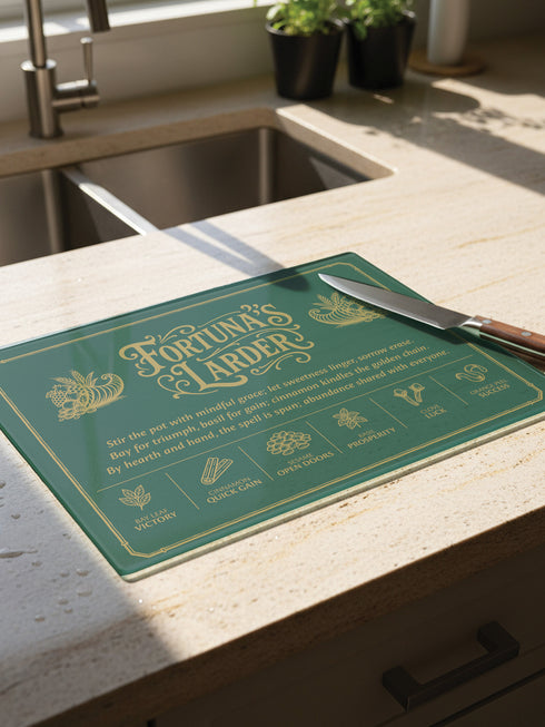 A rectangular tempered glass cutting board with a deep forest green background and elegant gold lettering. Styled like a vintage grimoire page, it features the ornate title “Fortuna’s Larder” flanked by twin cornucopias, a four-line abundance spell, and six golden herb symbols: bay leaf for victory, cinnamon for quick gain, sesame for open doors, basil for prosperity, clove for luck, and orange peel for success, all framed by a thin gold border—perfect for witches, pagans, and magical kitchens.