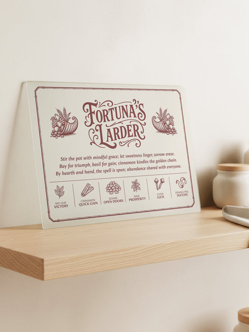 A rectangular tempered glass cutting board with a lightly textured, hygienic surface, rounded corners, and four rubber feet for stability. Printed in deep maroon line art, it features a Victorian-style border and twin cornucopias flanking the title “Fortuna’s Larder.” Below, a poetic spell invokes abundance, followed by six herb correspondences: Bay Leaf Victory, Cinnamon Quick Gain, Sesame Open Doors, Basil Prosperity, Clove Luck, and Orange Peel Success, for kitchen witches and magical cooks.