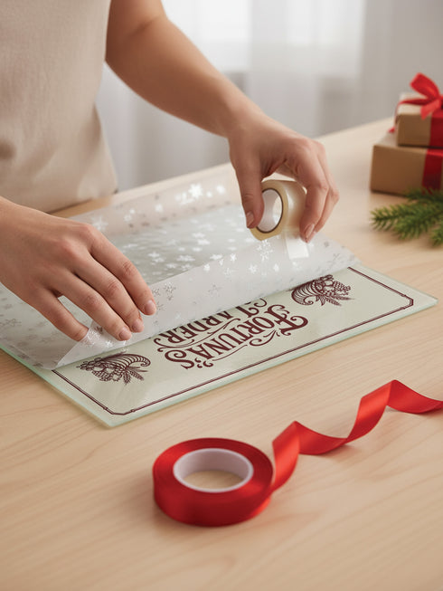 A rectangular tempered glass cutting board with a lightly textured, hygienic surface, rounded corners, and four rubber feet for stability. Printed in deep maroon line art, it features a Victorian-style border and twin cornucopias flanking the title “Fortuna’s Larder.” Below, a poetic spell invokes abundance, followed by six herb correspondences: Bay Leaf Victory, Cinnamon Quick Gain, Sesame Open Doors, Basil Prosperity, Clove Luck, and Orange Peel Success, for kitchen witches and magical cooks.