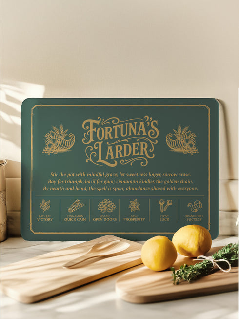 A rectangular tempered glass cutting board with a deep forest green background and elegant gold lettering. Styled like a vintage grimoire page, it features the ornate title “Fortuna’s Larder” flanked by twin cornucopias, a four-line abundance spell, and six golden herb symbols: bay leaf for victory, cinnamon for quick gain, sesame for open doors, basil for prosperity, clove for luck, and orange peel for success, all framed by a thin gold border—perfect for witches, pagans, and magical kitchens.
