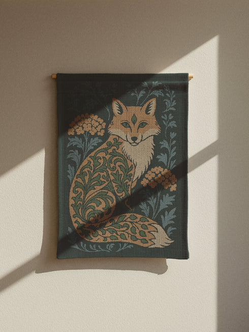 Art Nouveau Forest Fox Woven Tapestry, Victorian Gothic Woodland Art