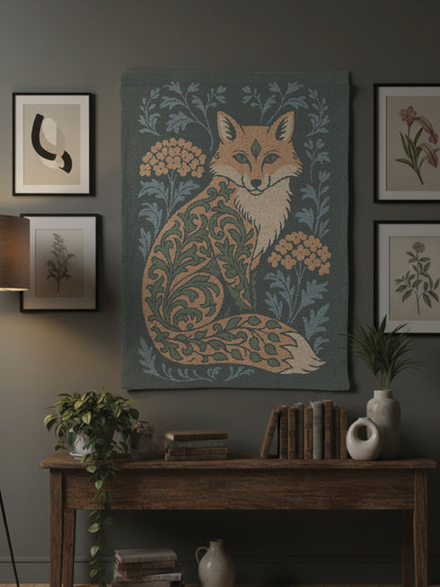 Art Nouveau Forest Fox Woven Tapestry, Victorian Gothic Woodland Art