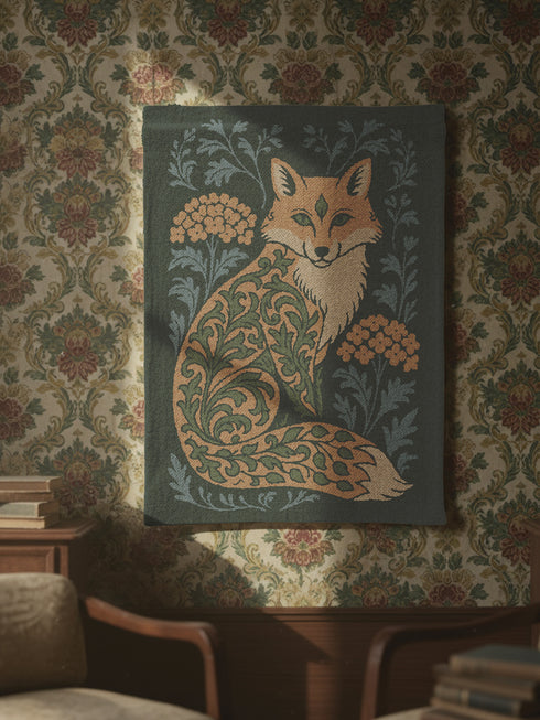 Art Nouveau Forest Fox Woven Tapestry, Victorian Gothic Woodland Art