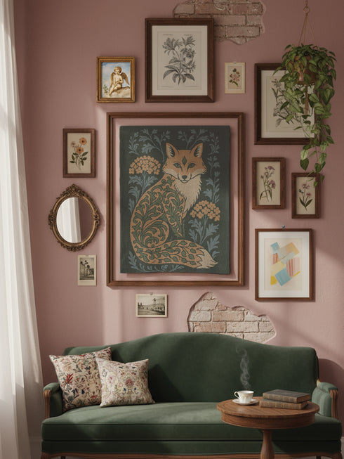 Art Nouveau Forest Fox Woven Tapestry, Victorian Gothic Woodland Art