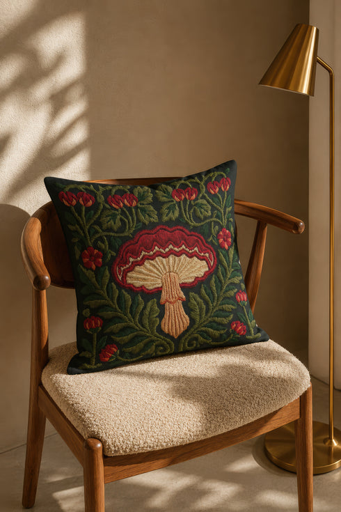 Square decorative pillow cover with a deep midnight navy ground and a symmetrical Art Nouveau botanical design rendered in a faux embroidery style. A large central mushroom anchors the composition, its scarlet ruffled cap fanning over cream and ivory gills above a pale peach stem. Curling green ferns, leafy vines, crimson flower buds, and small red blossoms frame the toadstool on every side. The printed satin-stitch detailing mimics hand-stitched thread across the entire face of the cover.