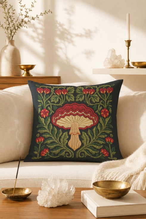 Square decorative pillow cover with a deep midnight navy ground and a symmetrical Art Nouveau botanical design rendered in a faux embroidery style. A large central mushroom anchors the composition, its scarlet ruffled cap fanning over cream and ivory gills above a pale peach stem. Curling green ferns, leafy vines, crimson flower buds, and small red blossoms frame the toadstool on every side. The printed satin-stitch detailing mimics hand-stitched thread across the entire face of the cover.