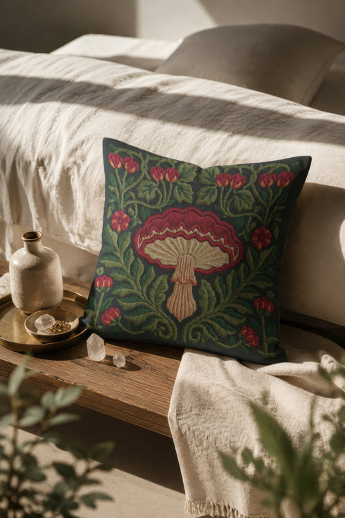Square decorative pillow cover with a deep midnight navy ground and a symmetrical Art Nouveau botanical design rendered in a faux embroidery style. A large central mushroom anchors the composition, its scarlet ruffled cap fanning over cream and ivory gills above a pale peach stem. Curling green ferns, leafy vines, crimson flower buds, and small red blossoms frame the toadstool on every side. The printed satin-stitch detailing mimics hand-stitched thread across the entire face of the cover.