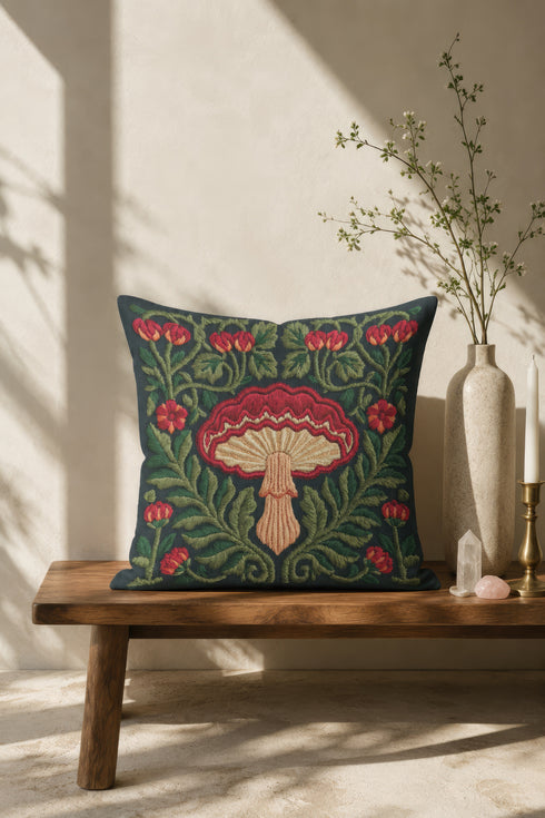Square decorative pillow cover with a deep midnight navy ground and a symmetrical Art Nouveau botanical design rendered in a faux embroidery style. A large central mushroom anchors the composition, its scarlet ruffled cap fanning over cream and ivory gills above a pale peach stem. Curling green ferns, leafy vines, crimson flower buds, and small red blossoms frame the toadstool on every side. The printed satin-stitch detailing mimics hand-stitched thread across the entire face of the cover.