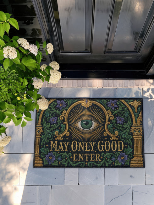 Rectangular doormat printed on a deep black ground with a faux embroidery effect that imitates antique crewelwork. A large green eye sits at the center within an antique gold radial sunburst, with ornate gold serif lettering below reading MAY ONLY GOOD ENTER. Green acanthus leaf scrollwork and antique gold architectural columns run along the borders, accented with small five petaled purple flowers. A sleek black trim frames all four edges of the flat printed surface.