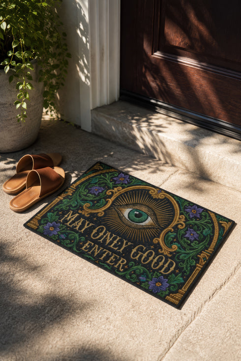Rectangular doormat printed on a deep black ground with a faux embroidery effect that imitates antique crewelwork. A large green eye sits at the center within an antique gold radial sunburst, with ornate gold serif lettering below reading MAY ONLY GOOD ENTER. Green acanthus leaf scrollwork and antique gold architectural columns run along the borders, accented with small five petaled purple flowers. A sleek black trim frames all four edges of the flat printed surface.