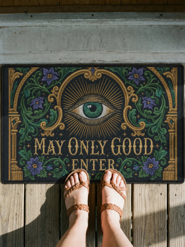 Rectangular doormat printed on a deep black ground with a faux embroidery effect that imitates antique crewelwork. A large green eye sits at the center within an antique gold radial sunburst, with ornate gold serif lettering below reading MAY ONLY GOOD ENTER. Green acanthus leaf scrollwork and antique gold architectural columns run along the borders, accented with small five petaled purple flowers. A sleek black trim frames all four edges of the flat printed surface.