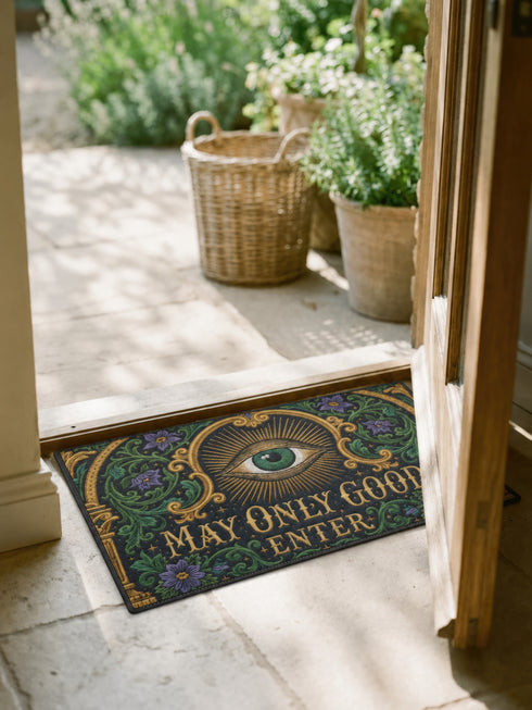 Rectangular doormat printed on a deep black ground with a faux embroidery effect that imitates antique crewelwork. A large green eye sits at the center within an antique gold radial sunburst, with ornate gold serif lettering below reading MAY ONLY GOOD ENTER. Green acanthus leaf scrollwork and antique gold architectural columns run along the borders, accented with small five petaled purple flowers. A sleek black trim frames all four edges of the flat printed surface.