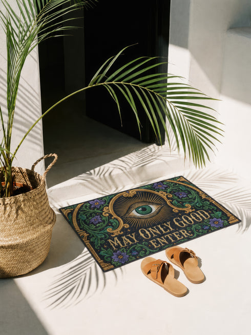 Rectangular doormat printed on a deep black ground with a faux embroidery effect that imitates antique crewelwork. A large green eye sits at the center within an antique gold radial sunburst, with ornate gold serif lettering below reading MAY ONLY GOOD ENTER. Green acanthus leaf scrollwork and antique gold architectural columns run along the borders, accented with small five petaled purple flowers. A sleek black trim frames all four edges of the flat printed surface.