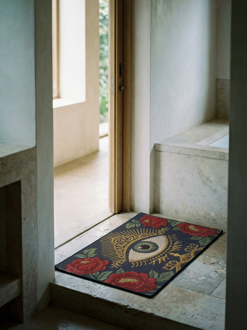 A rectangular navy blue Grimoire and Goblet doormat featuring a large central evil eye motif with a green iris and antique gold radiating lashes. The eye is surrounded by ornate gold filigree and four red peonies with green leaves in the corners. The design utilizes a high-quality 2D print technique to mimic the visual texture of vintage needlepoint embroidery, creating a trompe-l'œil effect on a flat 100% polyester surface.