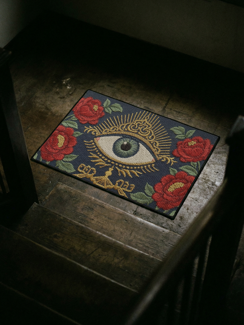 A rectangular navy blue Grimoire and Goblet doormat featuring a large central evil eye motif with a green iris and antique gold radiating lashes. The eye is surrounded by ornate gold filigree and four red peonies with green leaves in the corners. The design utilizes a high-quality 2D print technique to mimic the visual texture of vintage needlepoint embroidery, creating a trompe-l'œil effect on a flat 100% polyester surface.