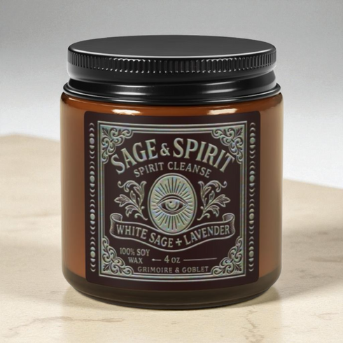A high-quality studio photograph of the Grimoire & Goblet White Sage & Lavender candle. The 9 oz or 4 oz amber-colored glass jar is cylindrical with a smooth, black metal lid. The ornate, detailed label features the brand's name, 'Sage & Spirit,' an all-seeing eye, and the scent notes 'White Sage + Lavender.' The 100% soy wax blend and cotton wick are visible, crafted for a long-burning, clean, and elegant home fragrance. This piece of gothic home decor is a spiritual tool for energy cleansing.
