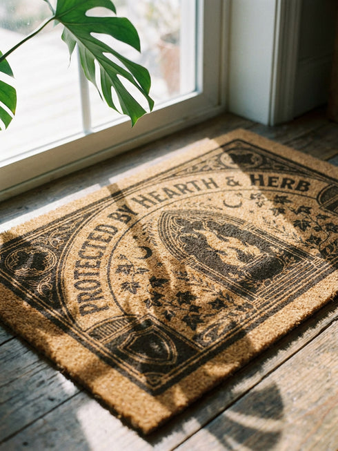 Rectangular coir doormat woven from natural brown coconut fiber with a bristly low pile. A bold black printed design fills the surface: a pointed archway frames a cast iron cauldron with rising flames at the center, flanked by winding ivy vines and small crescent moons. Arched lettering across the top reads PROTECTED BY HEARTH AND HERB. The four corners hold medieval shields and ornamental medallions, all enclosed by a thick black rectangular border with finished edges.