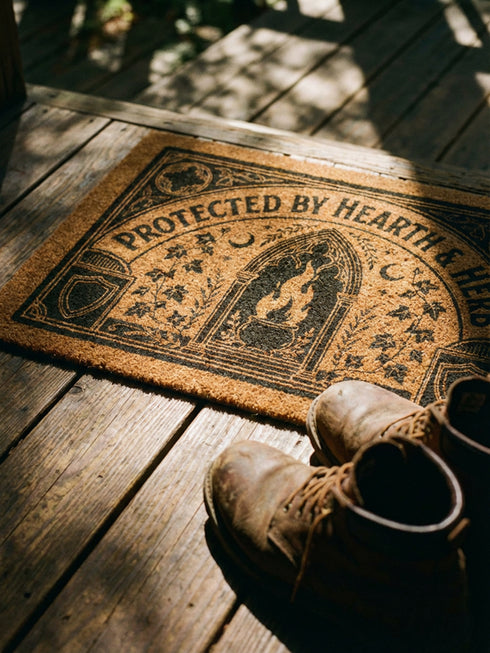 Rectangular coir doormat woven from natural brown coconut fiber with a bristly low pile. A bold black printed design fills the surface: a pointed archway frames a cast iron cauldron with rising flames at the center, flanked by winding ivy vines and small crescent moons. Arched lettering across the top reads PROTECTED BY HEARTH AND HERB. The four corners hold medieval shields and ornamental medallions, all enclosed by a thick black rectangular border with finished edges.