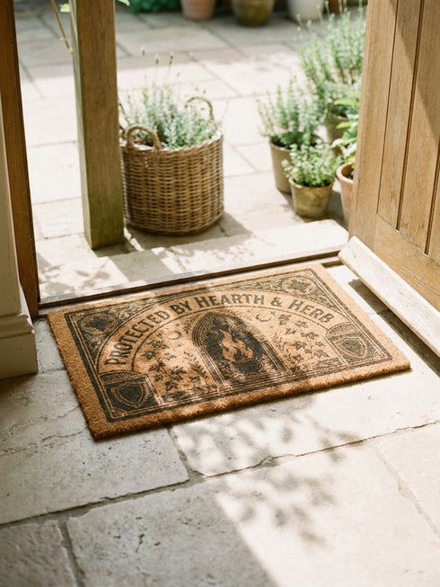 Rectangular coir doormat woven from natural brown coconut fiber with a bristly low pile. A bold black printed design fills the surface: a pointed archway frames a cast iron cauldron with rising flames at the center, flanked by winding ivy vines and small crescent moons. Arched lettering across the top reads PROTECTED BY HEARTH AND HERB. The four corners hold medieval shields and ornamental medallions, all enclosed by a thick black rectangular border with finished edges.